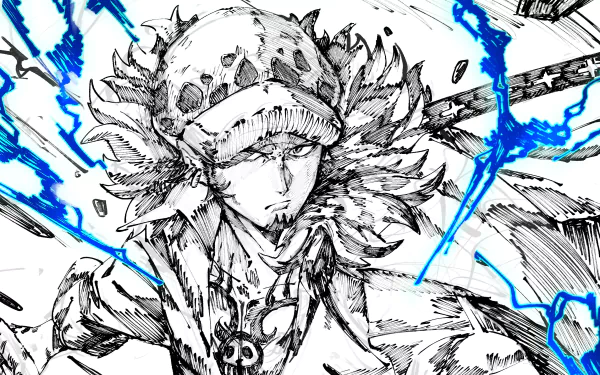 HD anime desktop wallpaper featuring Trafalgar Law from One Piece, depicted in detailed black-and-white sketch with striking blue lightning accents.