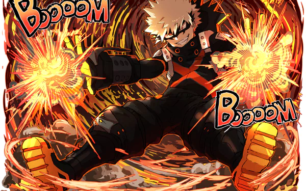 HD PC desktop wallpaper featuring Katsuki Bakugou from the anime My Hero Academia, depicted unleashing explosive power with fiery effects and dynamic action.