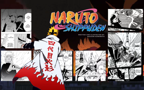 4K Ultra HD Naruto Shippuden PC wallpaper featuring Minato Namikaze with manga panels in the background showcasing dynamic scenes from the anime series.