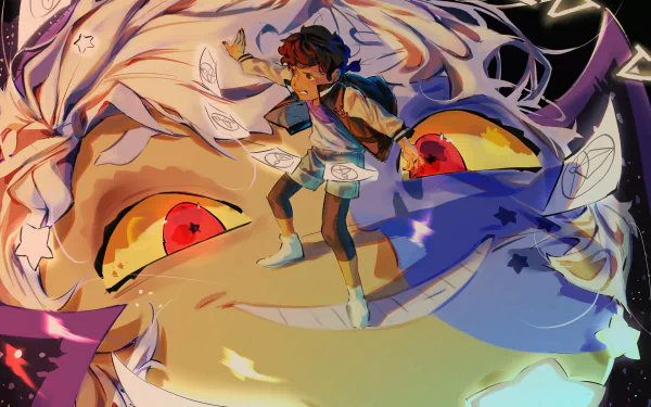 HD PC desktop wallpaper from The Owl House TV show featuring Luz Noceda confronting The Collector in a dynamic, colorful scene.