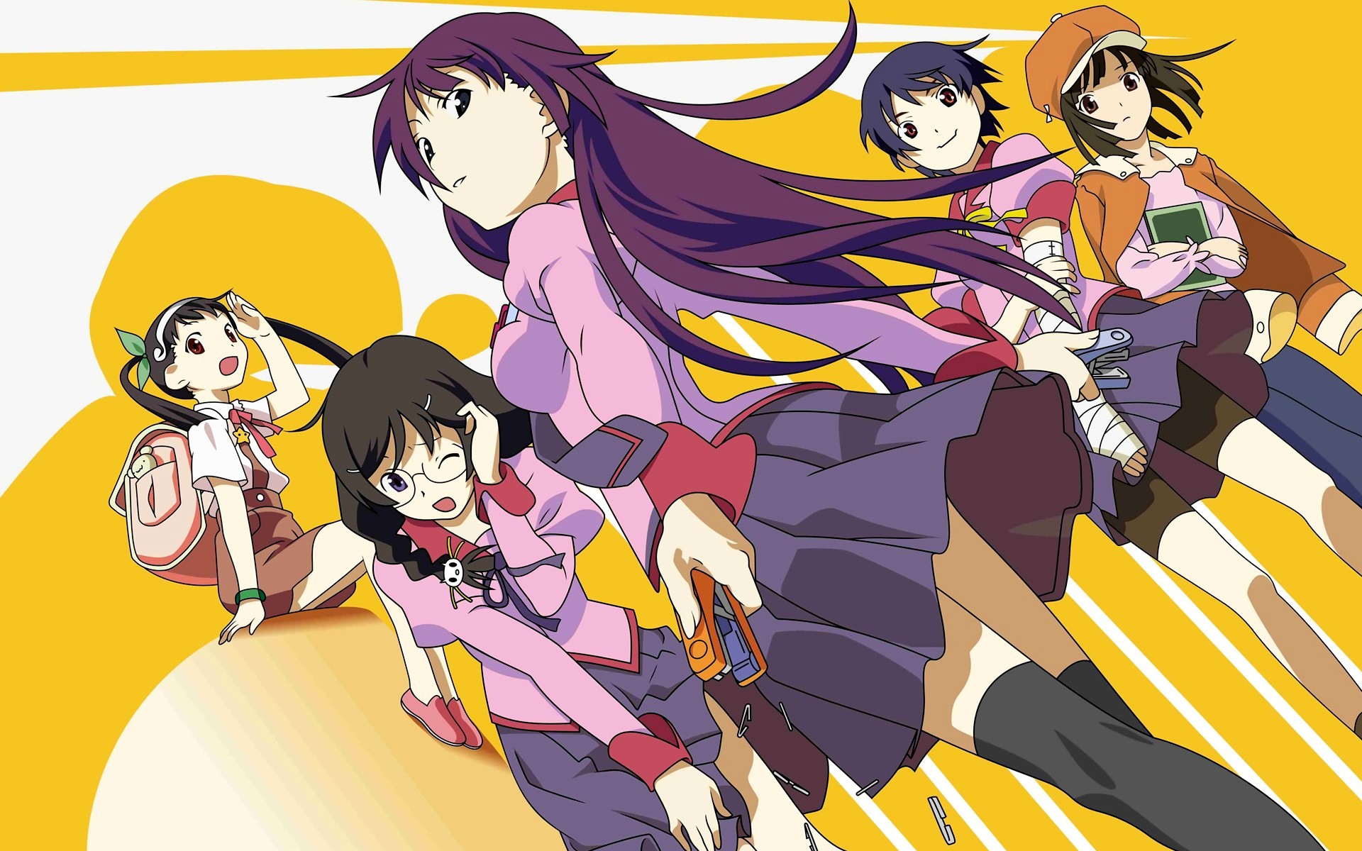 Collage of characters from the Monogatari series - Anime wallpaper with Hitagi Senjōgahara, Mayoi Hachikuji, Tsubasa Hanekawa, Suruga Kanbaru, and Nadeko Sengoku.