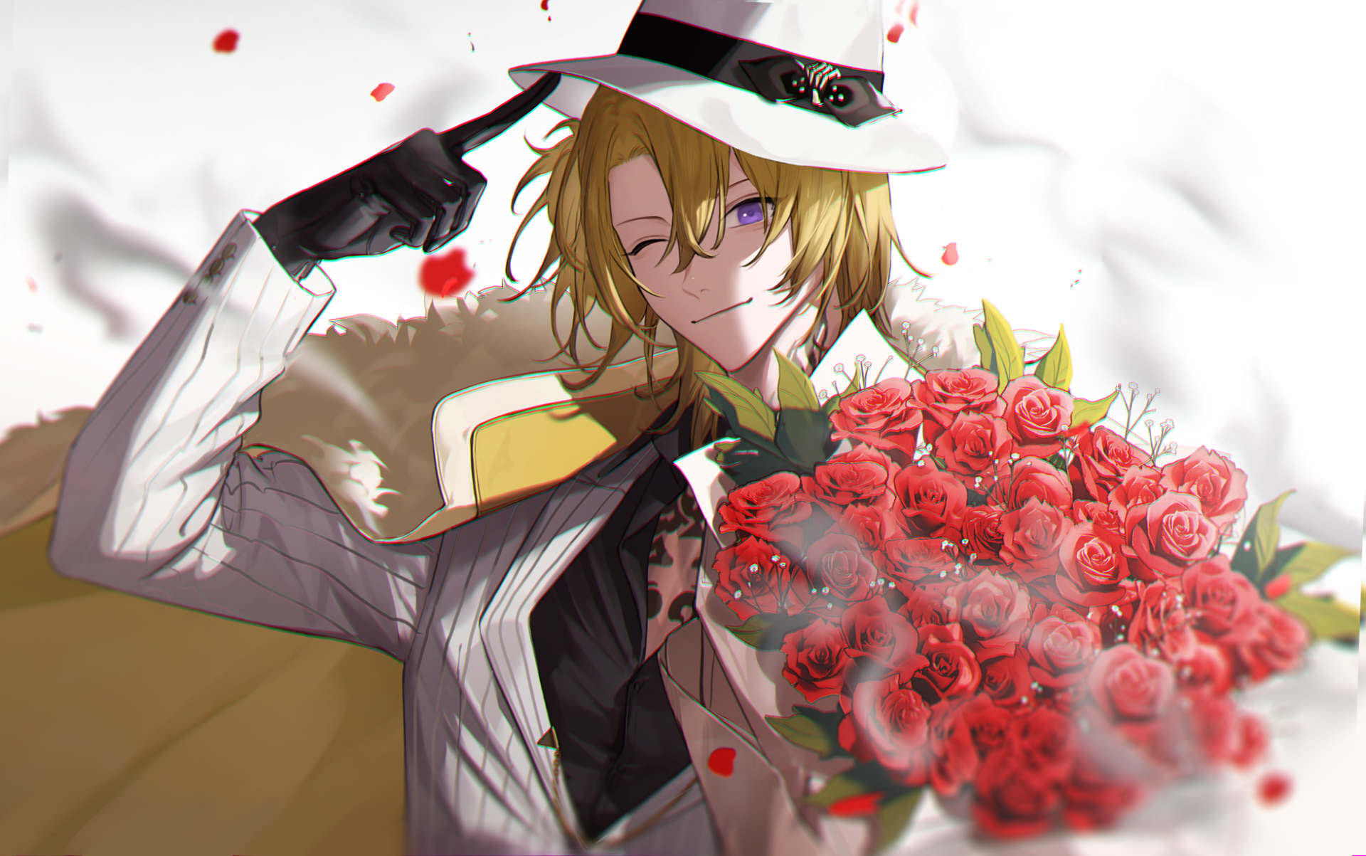 HD PC desktop wallpaper/background: Luxiem virtual YouTuber Luca Kaneshiro in anime style, tipping his hat and offering a large bouquet of red roses.