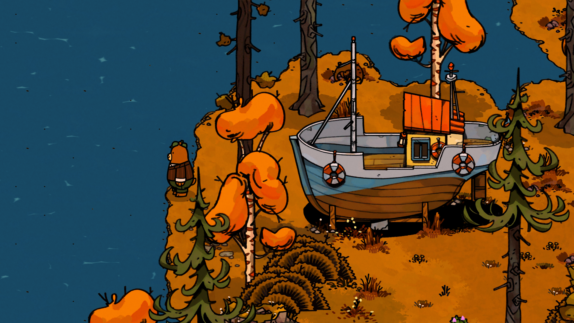 HD desktop wallpaper featuring an illustrated scene from Bear and Breakfast with an old boat amidst autumnal trees.