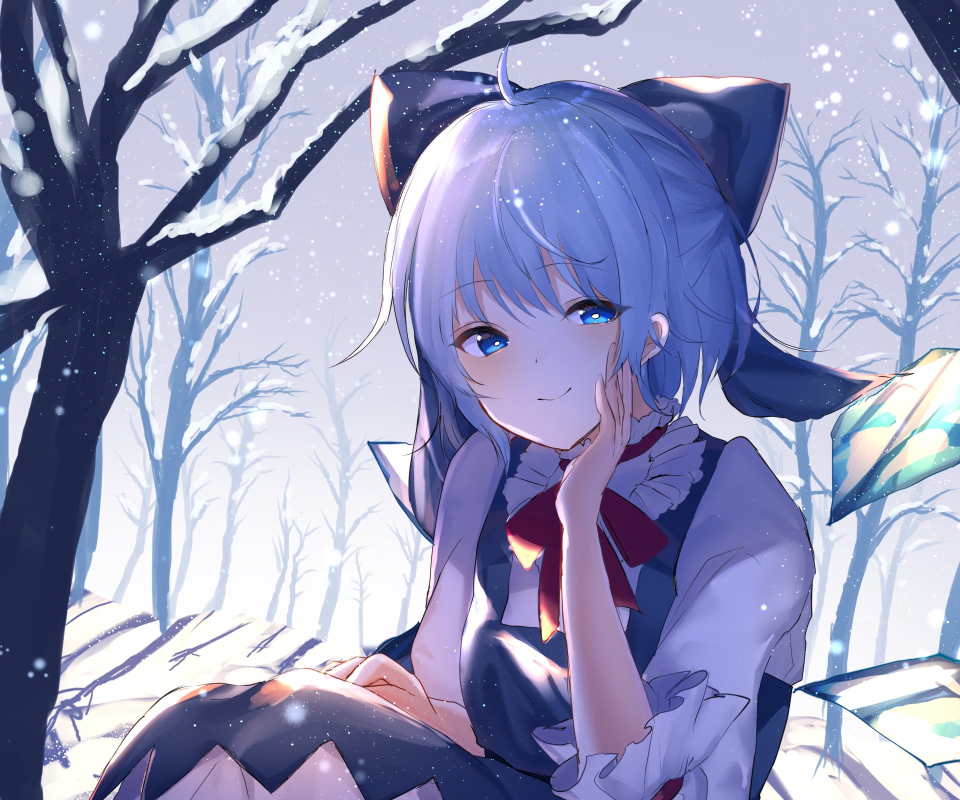 Cirno (Touhou) — blue-haired ice fairy smiling amid snowy trees; anime 5K Ultra HD PC desktop wallpaper and background.