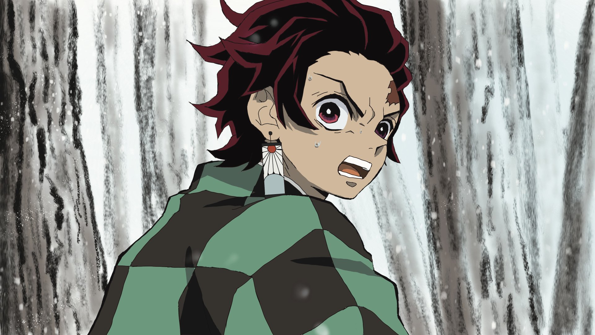 Tanjiro Kamado (Demon Slayer) in his green checkered haori, glancing back with fierce resolve against a textured grey backdrop — 4K Ultra HD anime PC desktop wallpaper.