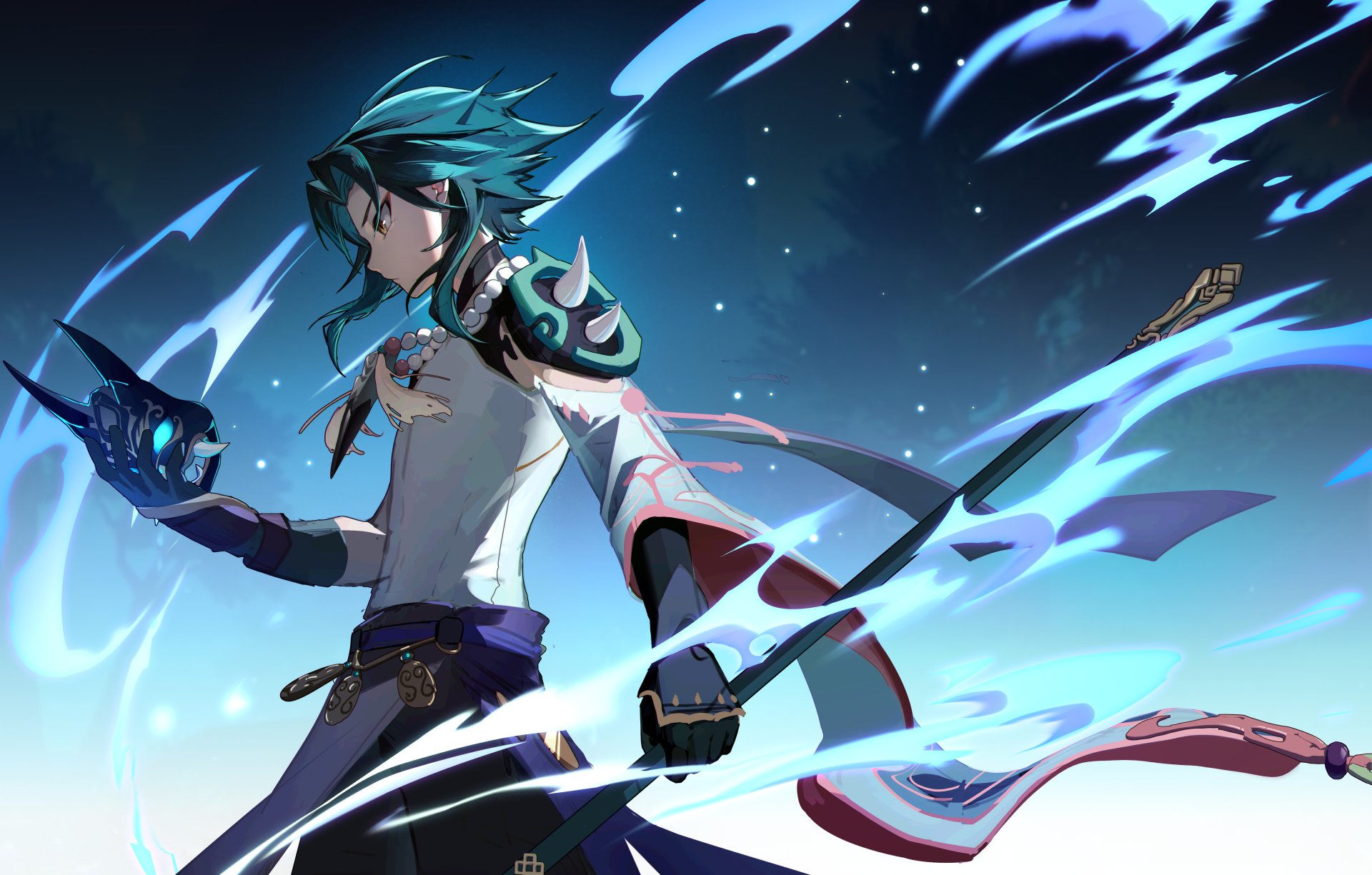 Xiao (Genshin Impact) from the video game, shown amid blue-green energy swirls wielding his polearm — 5K Ultra HD PC desktop wallpaper background capturing his ethereal power.