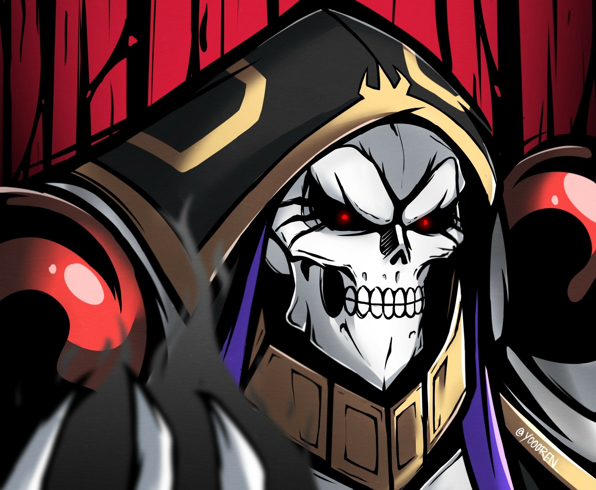 Ainz Ooal Gown from Overlord — menacing skeletal overlord with red eyes and ornate black-gold armor, vivid 4K Ultra HD anime PC desktop wallpaper background.