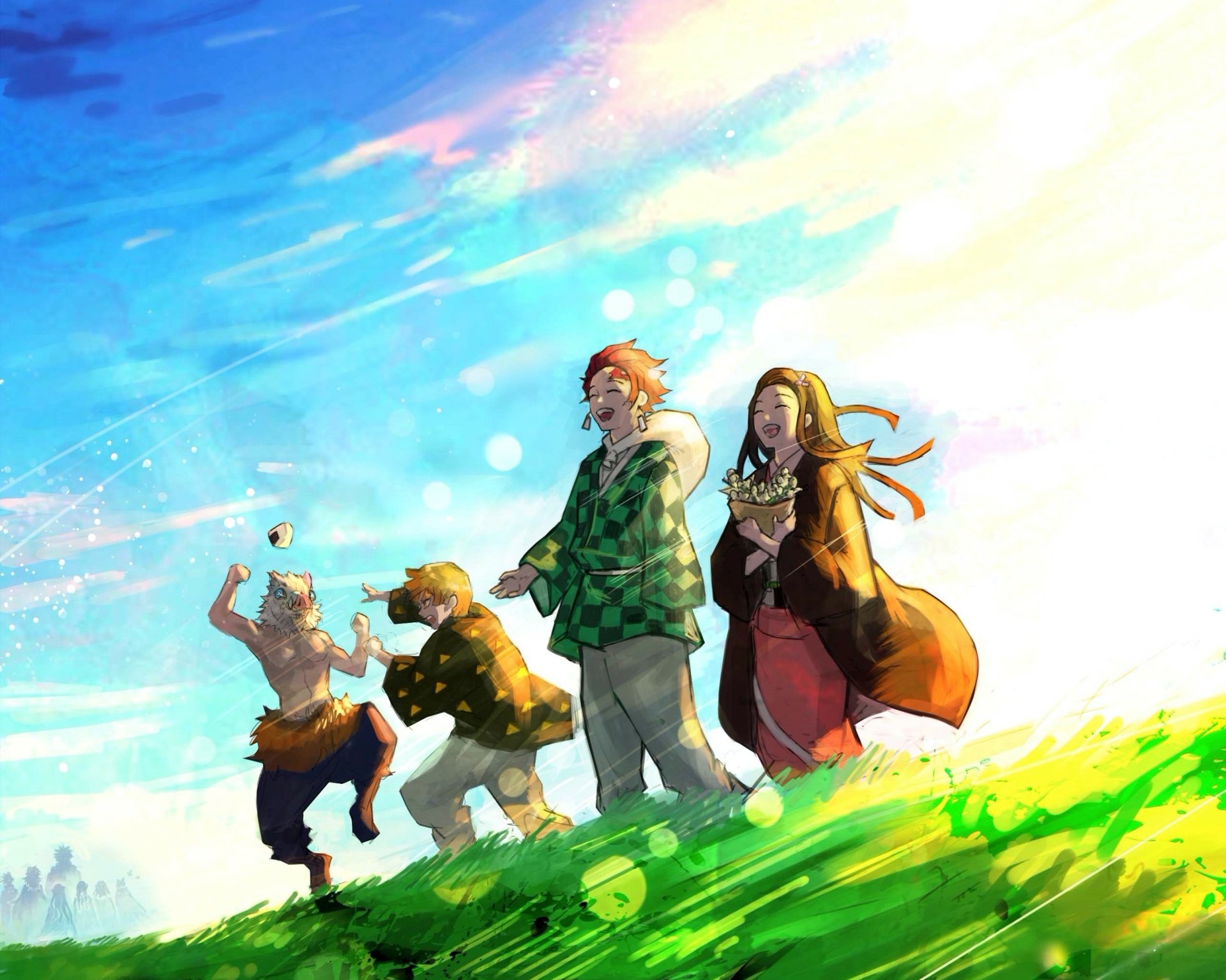 HD PC desktop wallpaper featuring characters from the anime Demon Slayer: Kimetsu no Yaiba walking through a vibrant, sunlit field under a bright blue sky.
