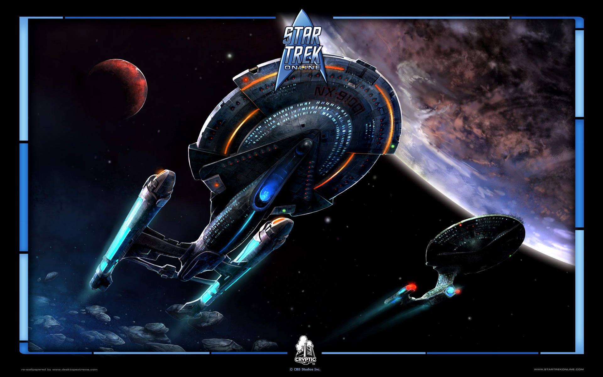 HD PC desktop wallpaper featuring Star Trek spacecraft in deep space, showcasing detailed ships and planets from the video game universe.