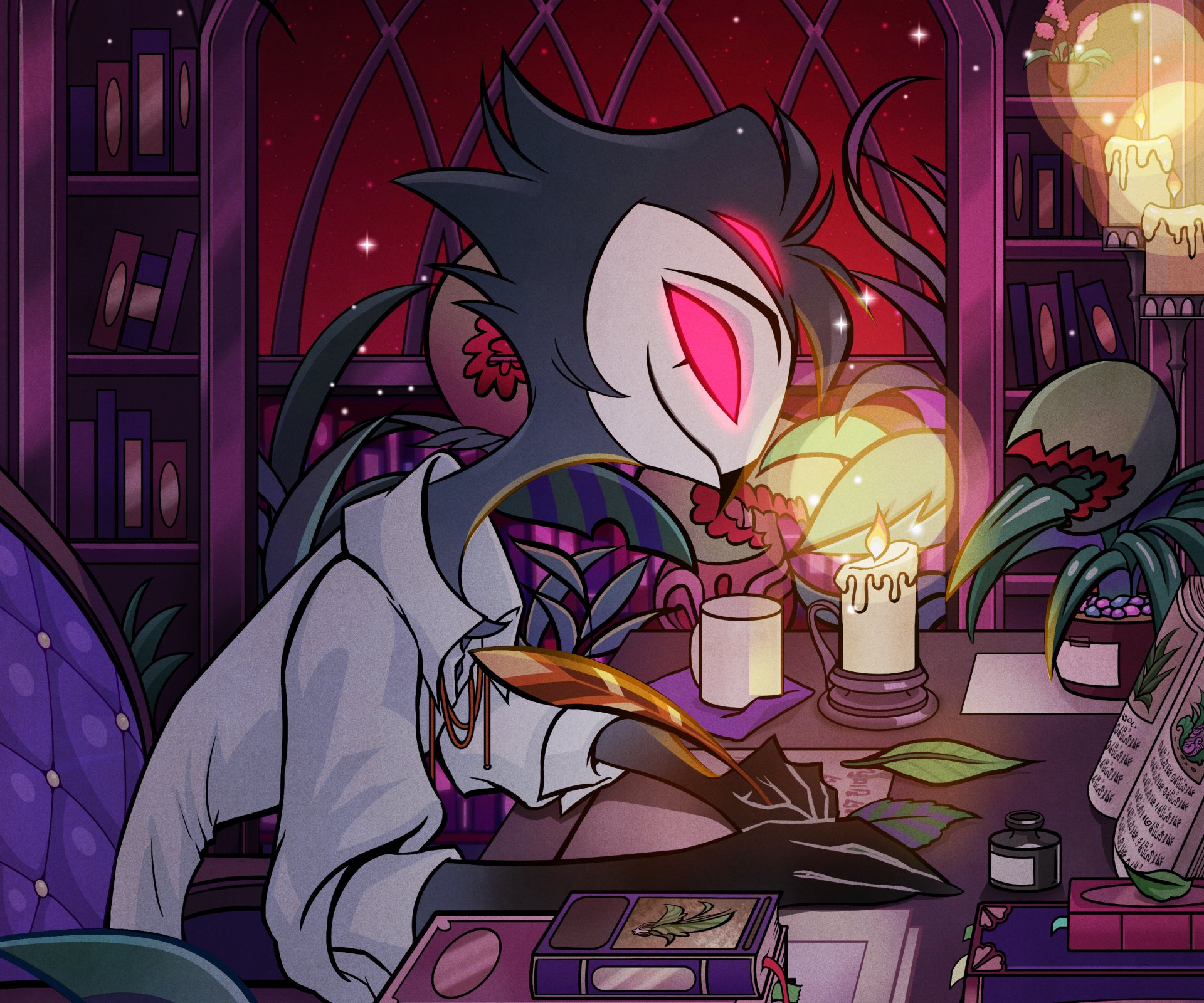 HD PC desktop wallpaper featuring Stolas from the TV show Helluva Boss, depicting the character writing by candlelight in a dark, book-filled room.