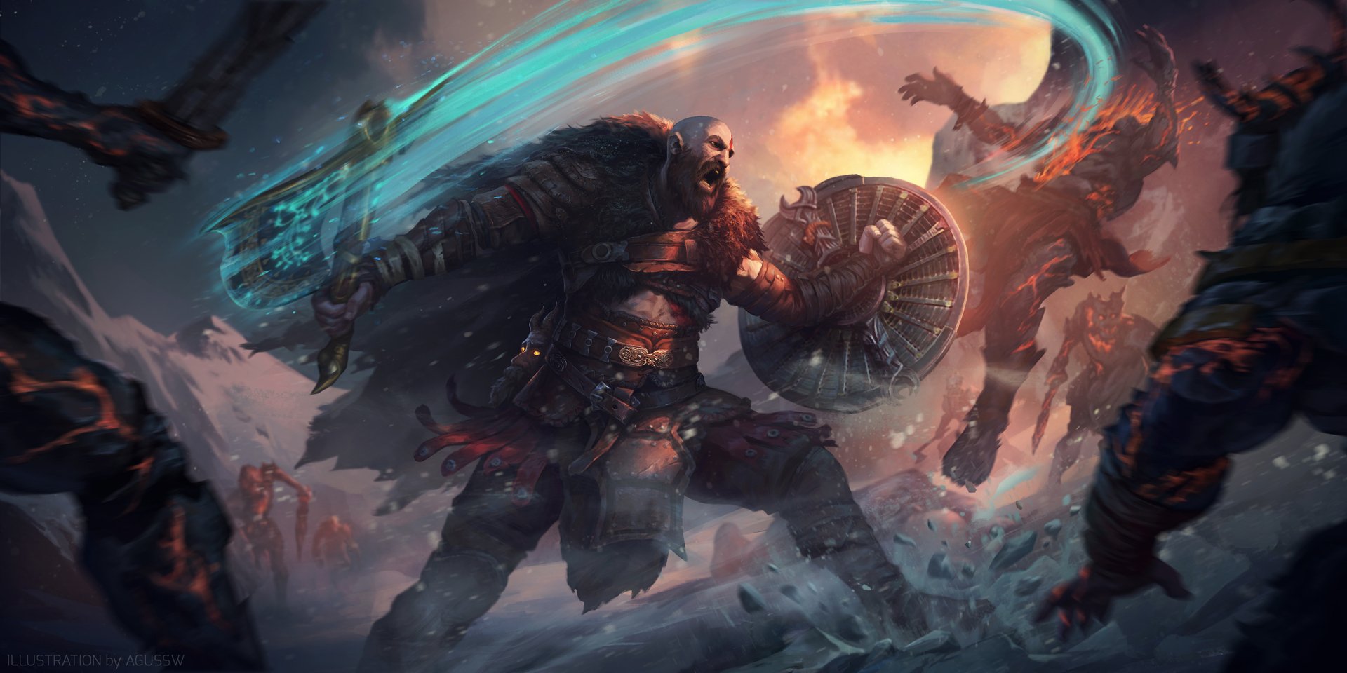 HD PC desktop wallpaper featuring Kratos from the video game God of War, depicted in a dynamic battle scene with swirling energy and fierce intensity.
