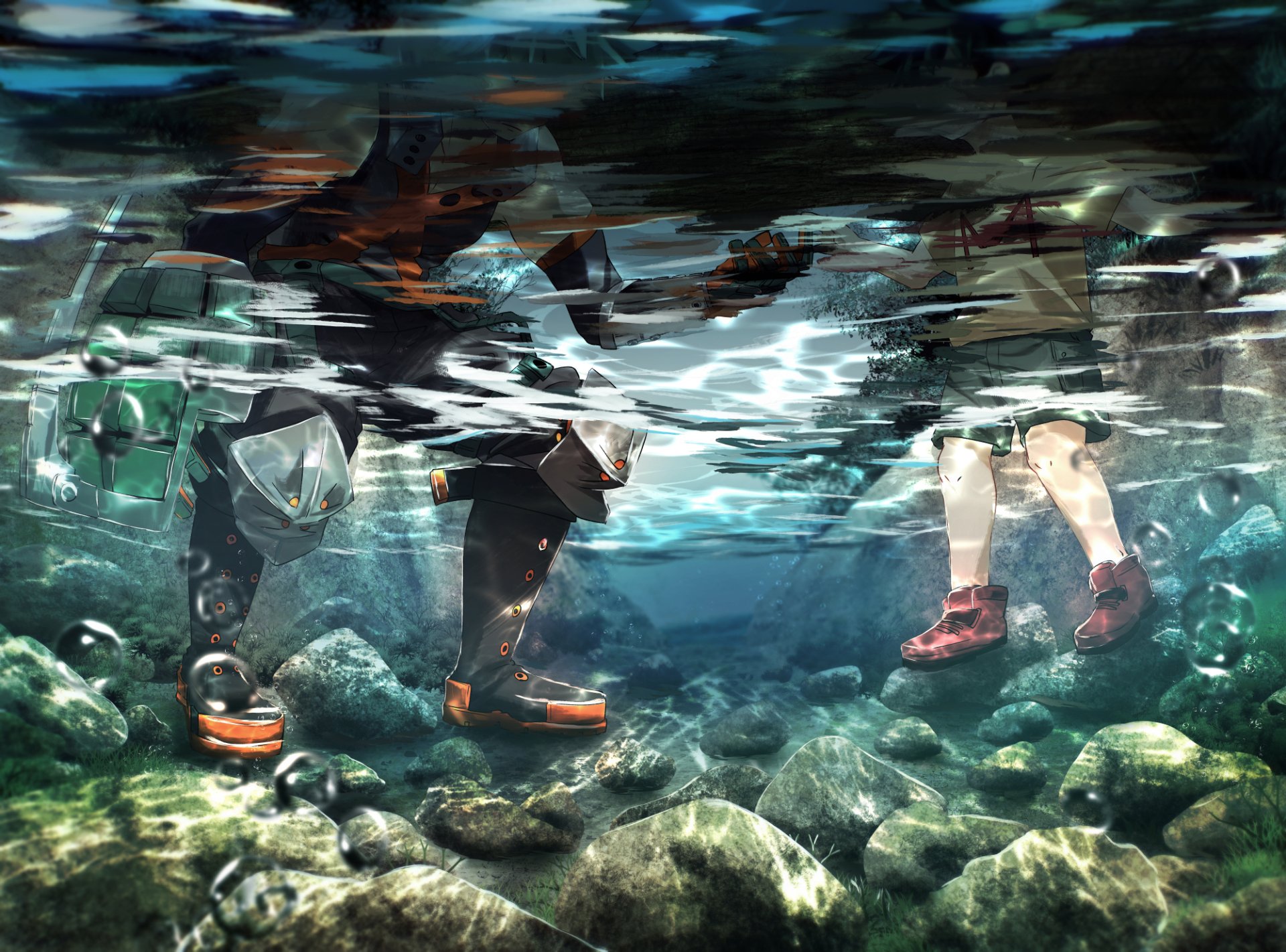 Underwater scene from My Hero Academia anime, showing characters' legs and feet above rocks and water, designed as an HD PC desktop wallpaper and background.