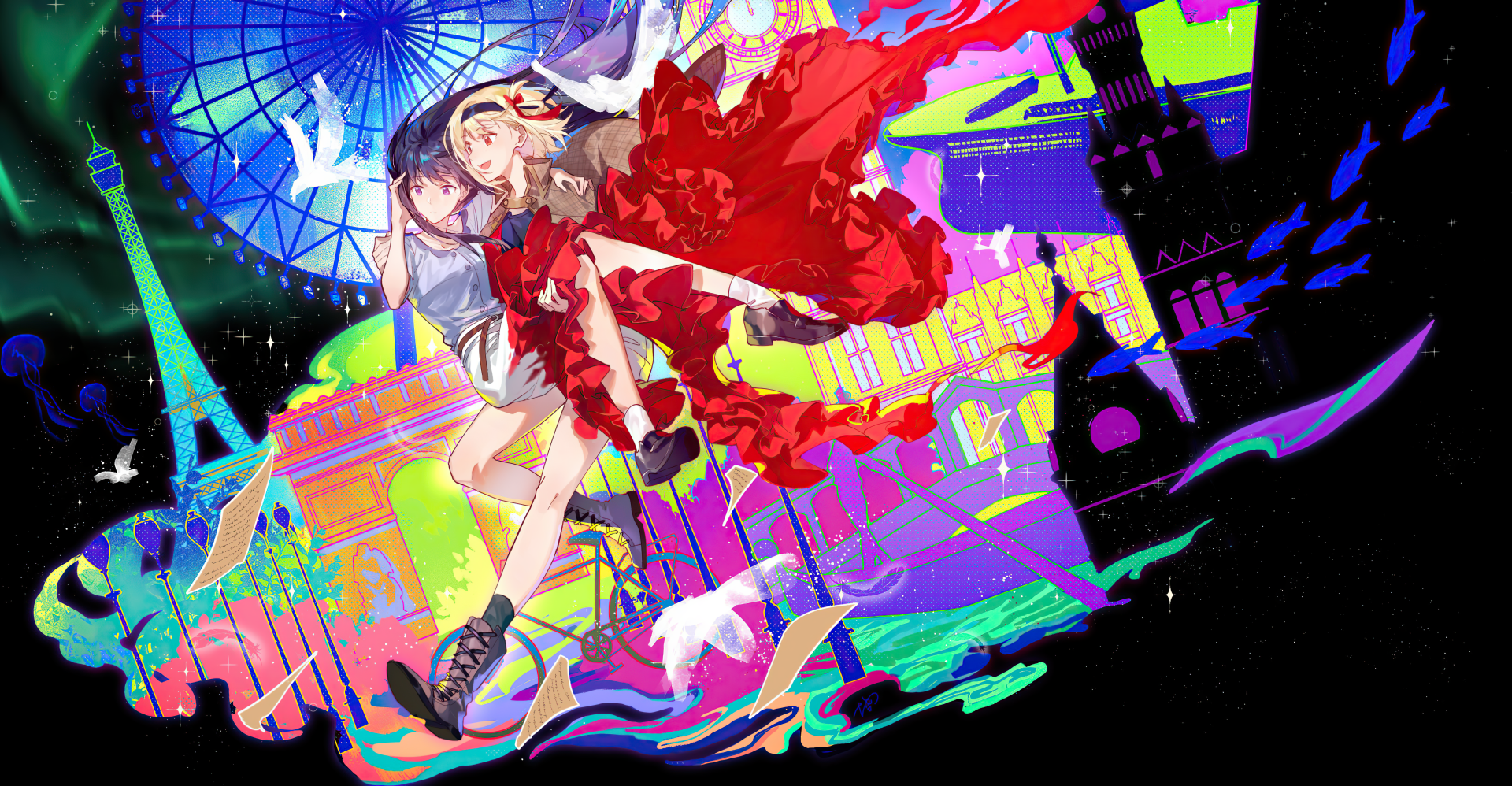 4K Ultra HD anime wallpaper featuring Chisato Nishikigi and Takina Inoue from Lycoris Recoil with vibrant, colorful cityscape and dynamic poses.