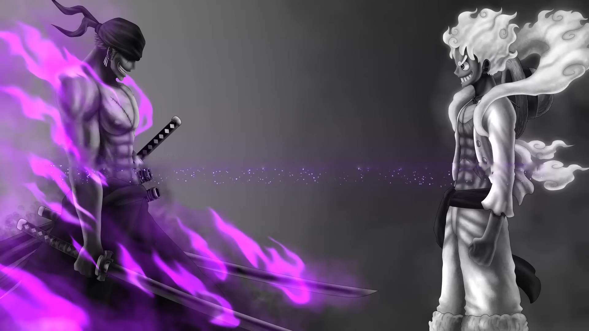 HD desktop wallpaper featuring One Piece characters Monkey D. Luffy in Gear 5 and Roronoa Zoro, showcased in a dramatic black-and-white anime style with purple flames.