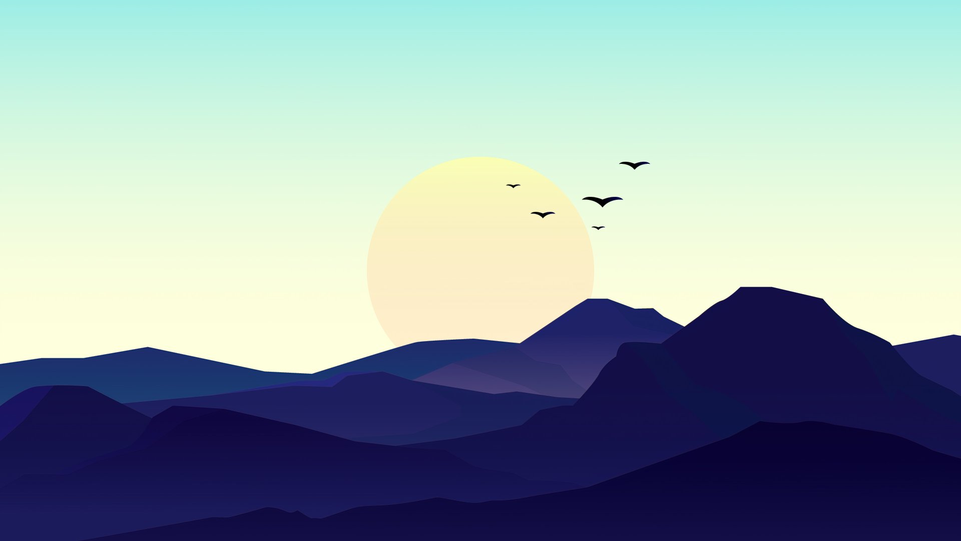 Minimalist artistic 4K Ultra HD desktop wallpaper depicting a serene sunrise over layered mountains with birds flying in the clear sky.