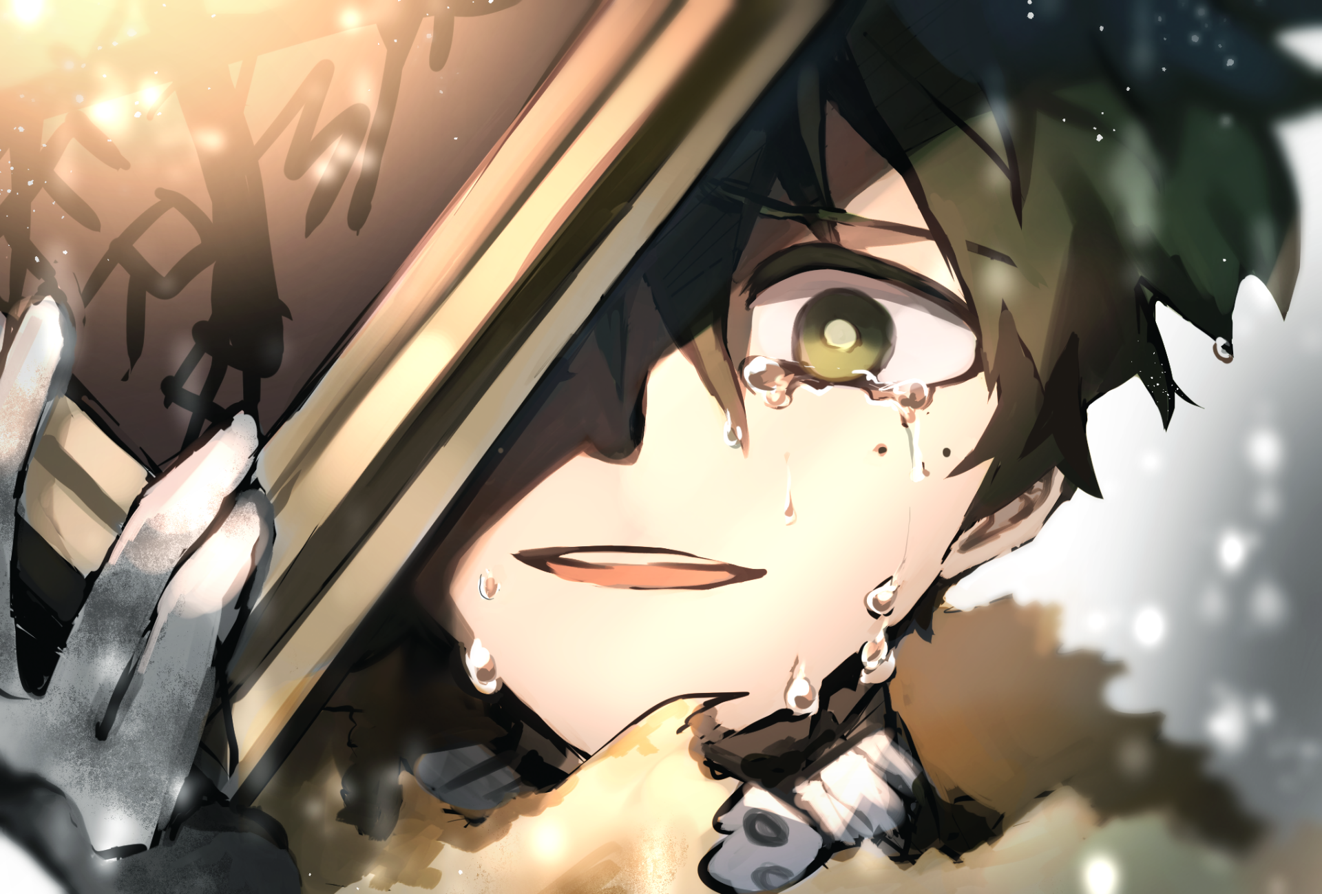 HD PC desktop wallpaper of Izuku Midoriya from My Hero Academia, showing an emotional close-up with tears and a determined expression.
