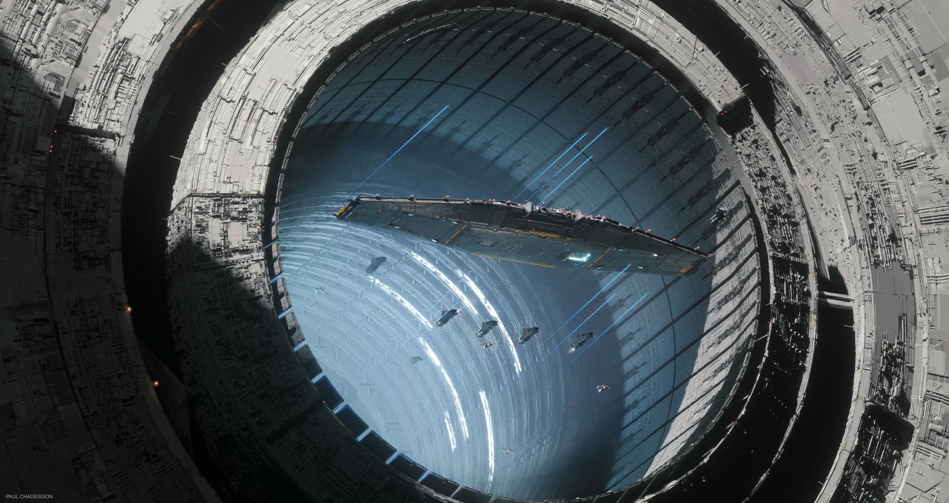 HD PC desktop wallpaper from the video game Homeworld 3, depicting a massive spaceship inside a colossal circular structure with beams of light.