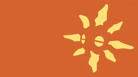 Minimal HD PC desktop wallpaper of anime Pokémon Solrock: stylized yellow sun-shaped Solrock silhouette on a solid orange background.