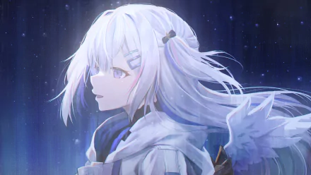 2K Quad HD PC desktop wallpaper of hololive Virtual YouTuber Amane Kanata: serene side-profile anime portrait with silver hair, small angel wing and a soft starry blue background.