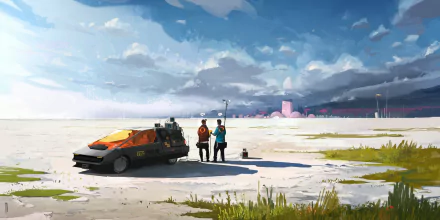Two individuals stand near a futuristic car in an expansive and isolated landscape, with a distant sci-fi city skyline under a partly cloudy sky. This HD wallpaper captures a blend of serenity and technology.