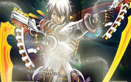 HD anime desktop wallpaper featuring Haseo from .hack//Roots, showcasing dynamic action with futuristic weapons and vibrant energy effects.