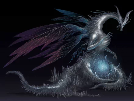 A striking 4K Ultra HD image of Seath the Scaleless from the video game Dark Souls, featuring an intricate design of the dragon's crystalline body and ethereal wings against a dark backdrop.