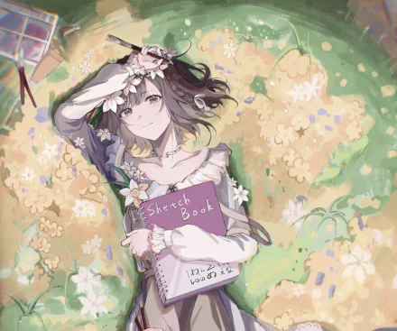 Ena Shinonome from Project Sekai: Colorful Stage! feat. Hatsune Miku holds a sketchbook, lying amidst flowers in this 4K Ultra HD PC desktop wallpaper illustration.