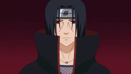 Itachi Uchiha from Naruto, close-up with Mangekyō Sharingan eyes, black cloak and headband — anime 2K Quad HD PC desktop wallpaper.