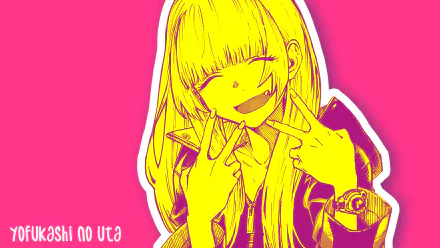 HD PC desktop wallpaper featuring Nazuna Nanakusa from Call of the Night in a bright yellow and pink pop art style with a cheerful expression.