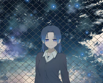 Kamiya from Shikimori's Not Just a Cutie stands before a starry night and chain-link fence — 2K Quad HD anime PC desktop wallpaper/background.