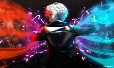 4K Ultra HD anime wallpaper featuring Satoru Gojo from Jujutsu Kaisen, depicted with glowing red and blue energy swirling around him against a dark background.