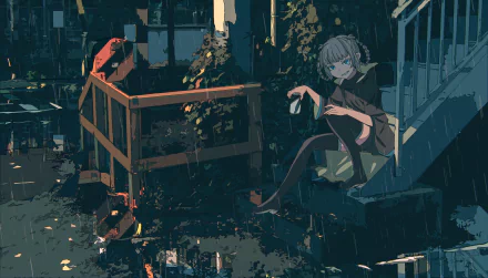 Nazuna Nanakusa from Call of the Night sits thoughtfully in a moody, detailed urban setting in this 4K Ultra HD anime desktop wallpaper.