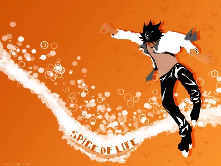 Anime Air Gear HD PC wallpaper/background: spiky-haired rider in a white jacket leaps across an orange backdrop, leaving a white bubble trail that spells SPICE OF LIFE.
