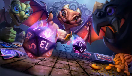 HD PC desktop wallpaper: fantasy Dungeons & Dragons scene of playful young dragons around a table, rolling oversized polyhedral dice with a dragon egg and game books nearby.