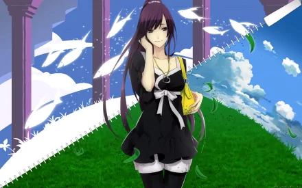 A stylish HD wallpaper featuring Hitagi Senjōgahara from Bakemonogatari, showcasing her long purple hair against a vibrant backdrop of sky and greenery.