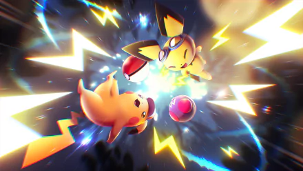 A vibrant 8K Ultra HD wallpaper featuring Pikachu and Pichu amidst dynamic electric effects and Poké Balls, capturing the excitement of the Pokémon video game universe.