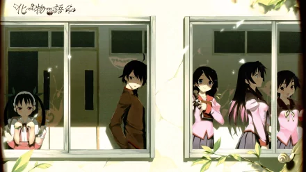 HD wallpaper featuring characters from the Monogatari series, including Suruga Kanbaru, Tsubasa Hanekawa, Mayoi Hachikuji, Koyomi Araragi, and Hitagi Senjōgahara, set against a window backdrop.