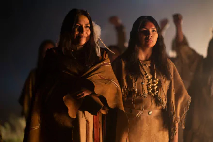 Two women in traditional leather garments stand in warm firelight during a tense scene from the movie Prey (2022). 2K Quad HD PC desktop wallpaper/background.