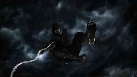 Comic Spider-Man Noir in trench coat and goggles swings through stormy clouds, trailing a web — 8K Ultra HD PC desktop wallpaper and background.