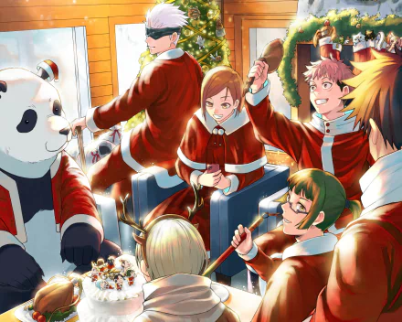 HD PC desktop wallpaper featuring Jujutsu Kaisen anime characters in festive Christmas attire, sharing a joyful moment indoors by a decorated tree.