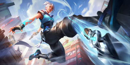 HD PC desktop wallpaper featuring Jett from the video game Valorant in an action pose with dynamic blue energy effects and a cityscape background.