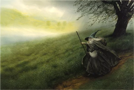 HD fantasy PC desktop wallpaper featuring a wizard in a cloak and hat walking along a misty, grassy path under a large tree.