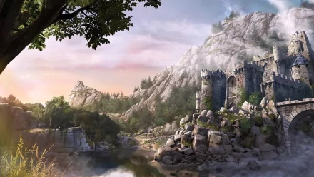 HD desktop wallpaper of Arcania: Gothic 4 featuring a picturesque castle on a rocky hillside, surrounded by a serene landscape with a river and mountains in the background.