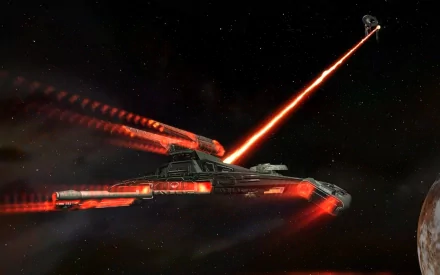 HD desktop wallpaper of a sci-fi Star Trek scene, featuring a spaceship firing a red laser beam in the vastness of space.