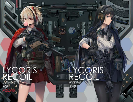 Takina Inoue and Chisato Nishikigi from Lycoris Recoil are depicted in detailed anime style, holding firearms against a futuristic backdrop in this 4K Ultra HD desktop wallpaper.