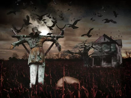 A dark HD desktop wallpaper features a scarecrow amidst a haunted landscape, with crows flying overhead and an eerie, abandoned house in the background.
