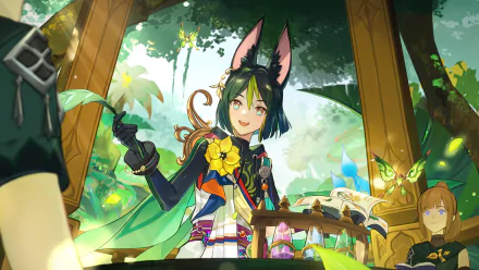 HD PC desktop wallpaper featuring Tighnari from the video game Genshin Impact in a vibrant forest setting with glowing butterflies and detailed fantasy elements.