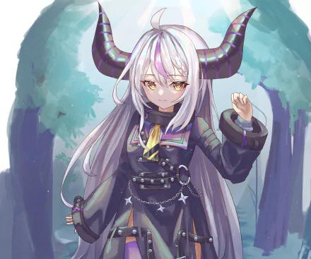 4K anime PC wallpaper of hololive Virtual Youtuber La+ Darknesss: horned, long white‑haired gothic character in a dark outfit with gold accents, standing before a misty forest backdrop.