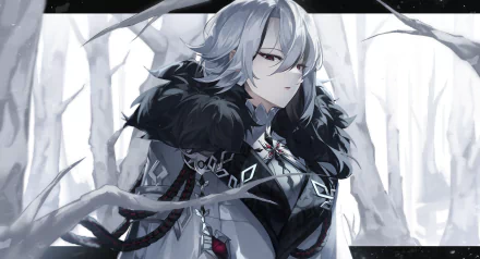 4K Ultra HD PC wallpaper featuring Arlecchino from Genshin Impact, set against a monochrome winter forest background with detailed character design.