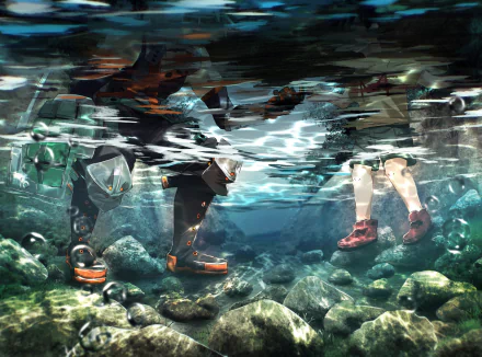 Underwater scene from My Hero Academia anime, showing characters' legs and feet above rocks and water, designed as an HD PC desktop wallpaper and background.